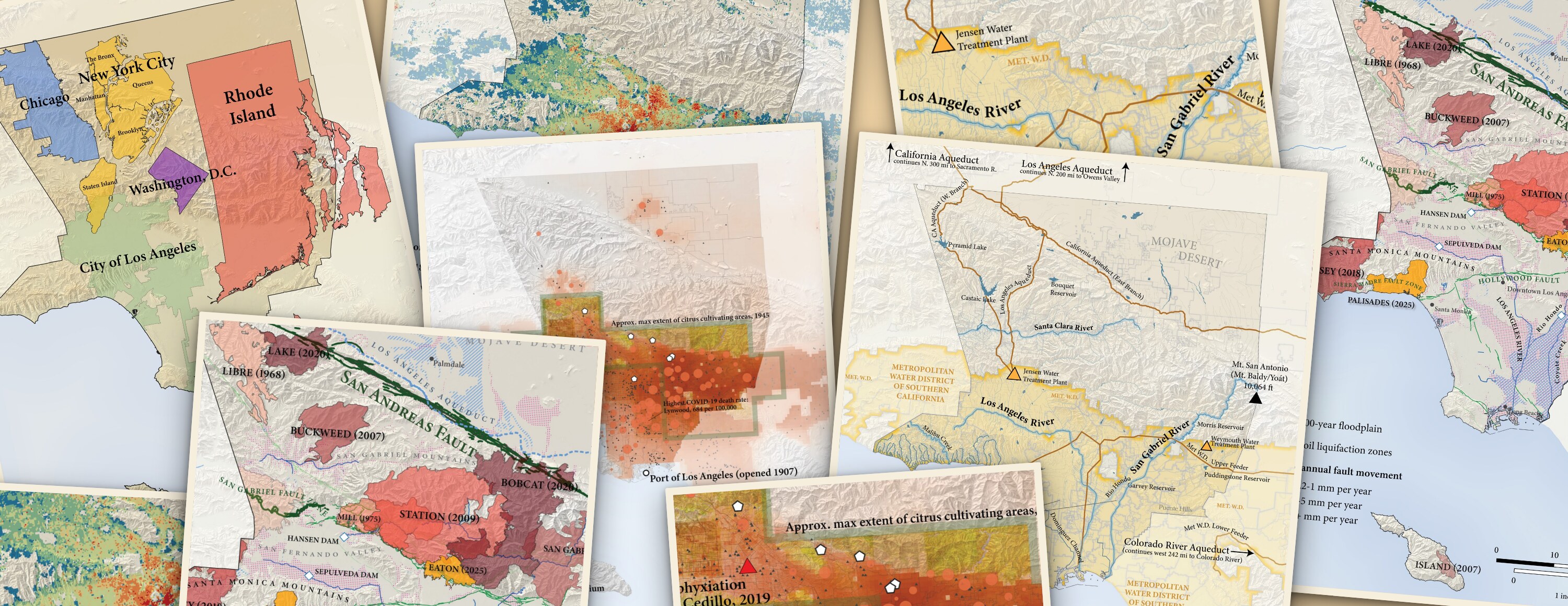 A mosaic of five custom maps from Visions of the Southland: a scale-comparison map of LA County, urban growth over time, water and aqueduct infrastructure, air pollution and public health, and earthquakes, faults, and wildfires.